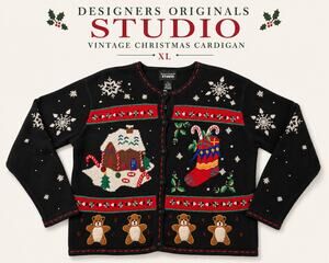 Vintage Designers Originals Studio Christmas Cardigan XL Ramie Gingerbread